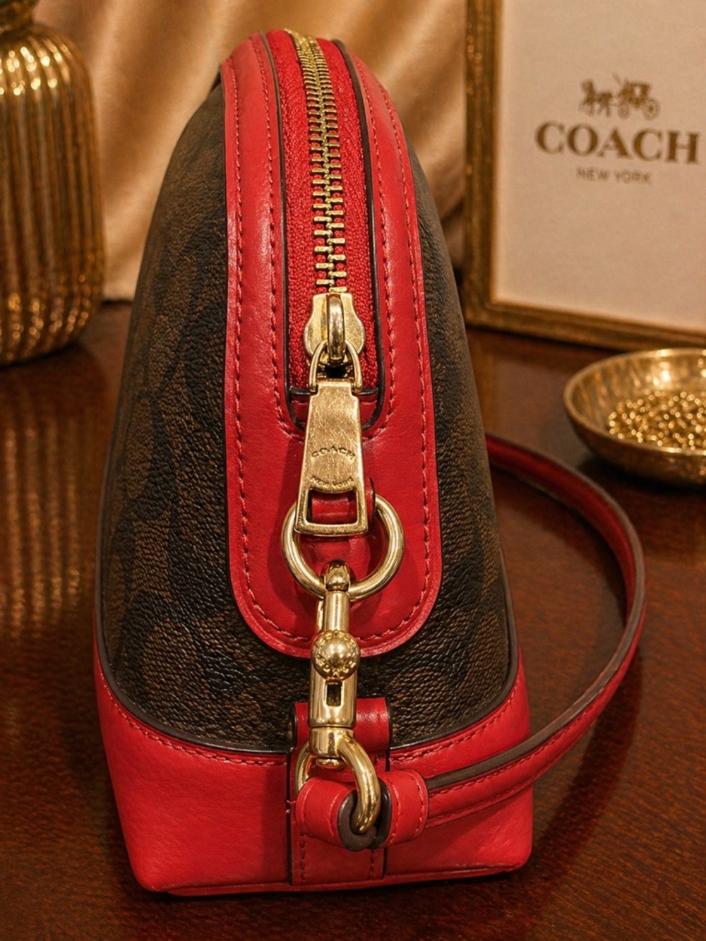 Coach Dome Crossbody in Signature Brown Coated Canvas & True Red Leather Trim - Picture 7 of 11